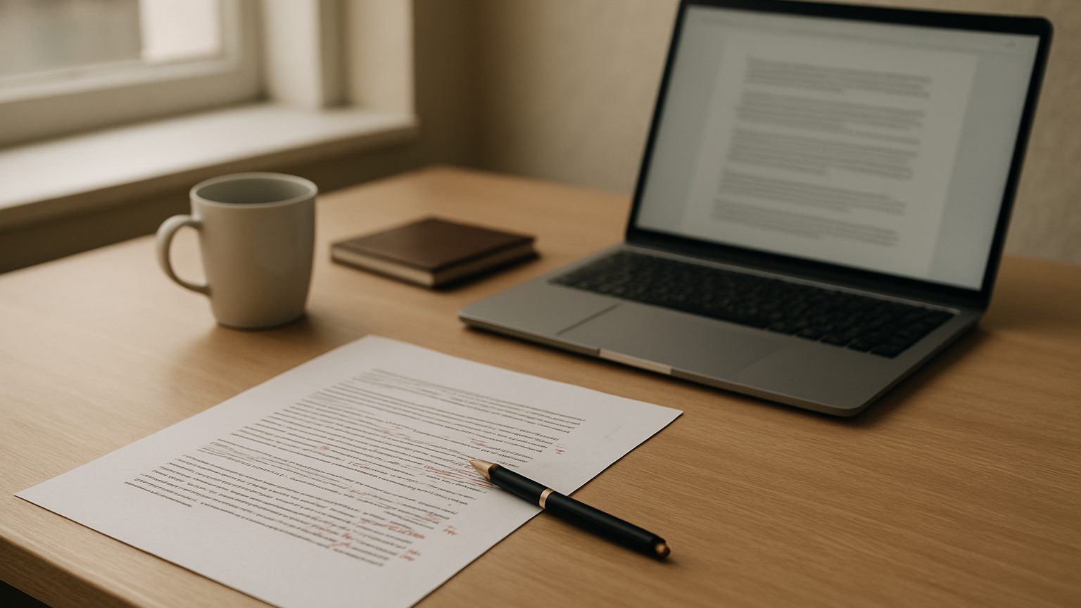 Laptop showing a draft beside a printed page marked with red pen edits and a pen on a wooden desk