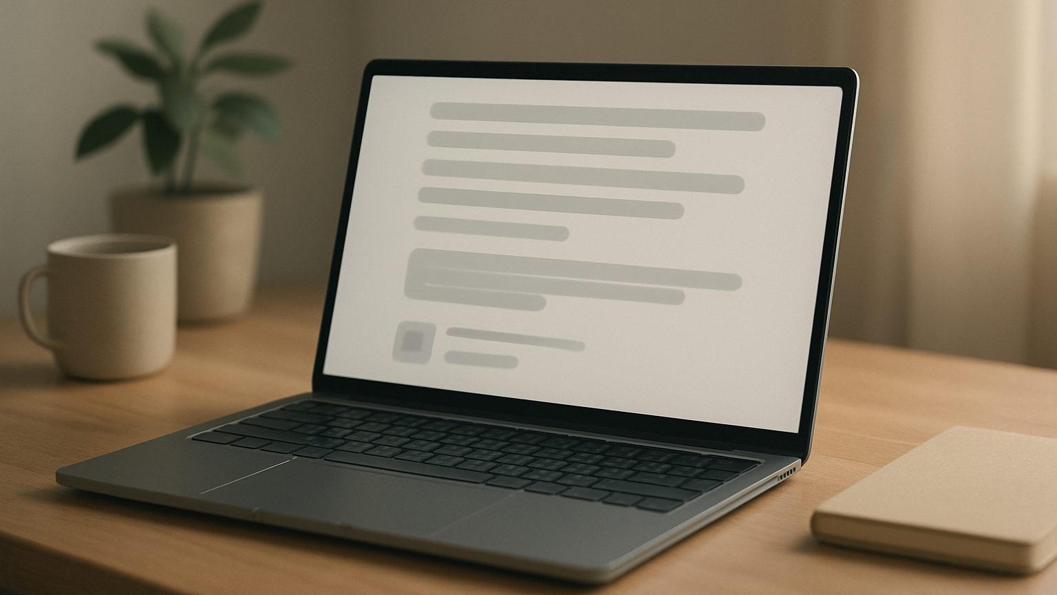 Laptop on a calm desk showing a long chat answer with a small ad card tucked underneath