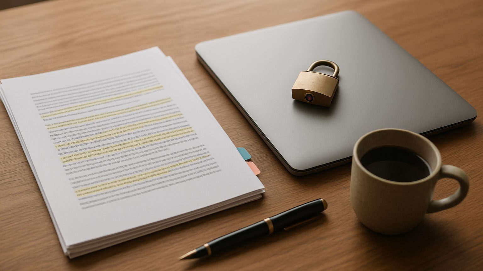 Highlighted printed pages with sticky tabs beside a closed laptop with a padlock on its lid