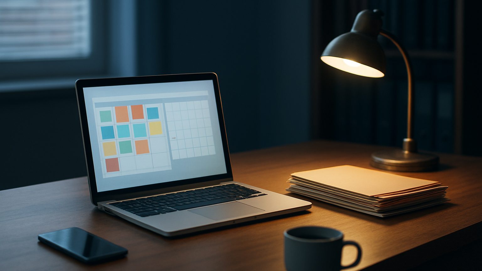 Laptop showing a color-coded task board and calendar beside a stack of case folders, a lamp and a mug