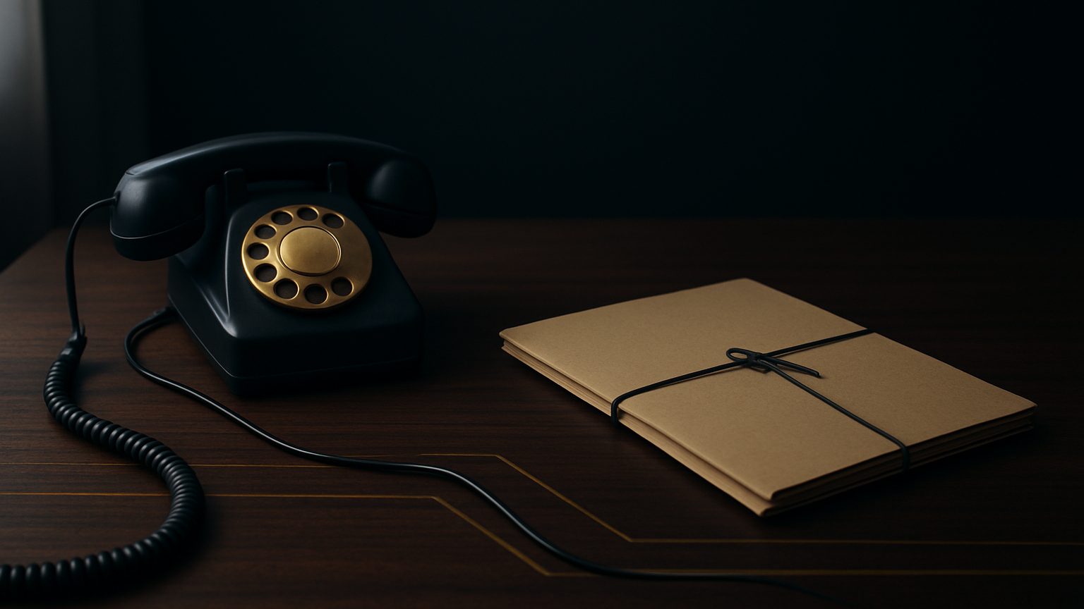 Vintage desk phone linked by thin gold lines to a tied case file, showing calls traced to signed cases
