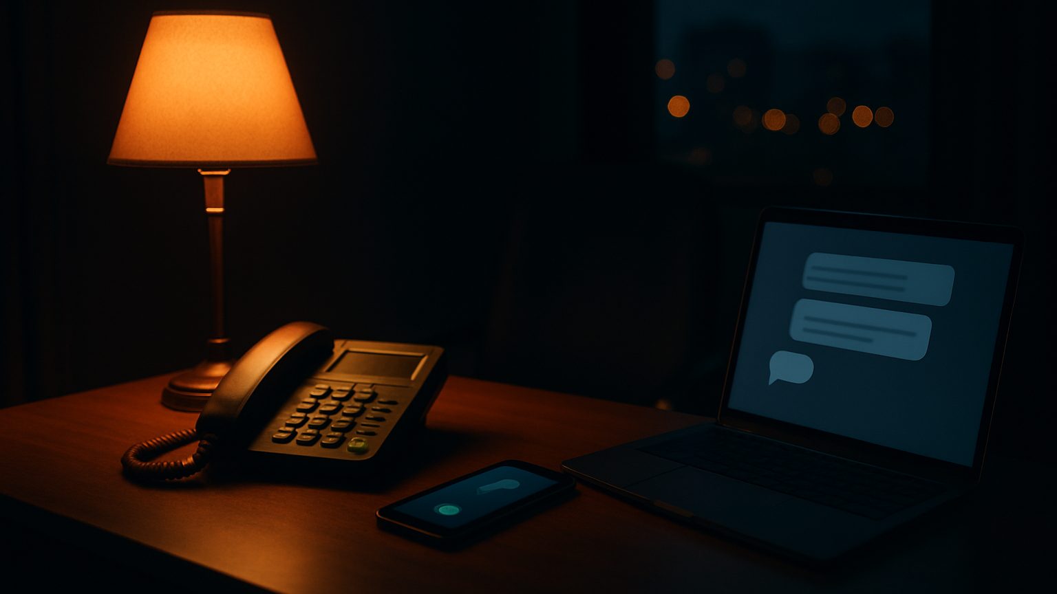 Desk at night with a lamp, a desk phone, a smartphone call screen and a laptop showing a chat window