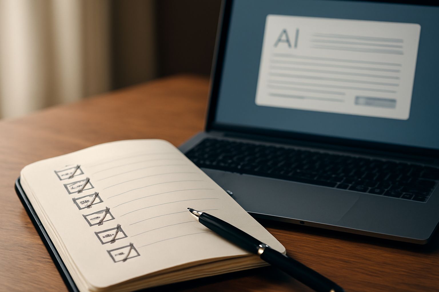 Notebook checklist with ticked boxes beside a laptop showing an AI answer, used for a GEO audit