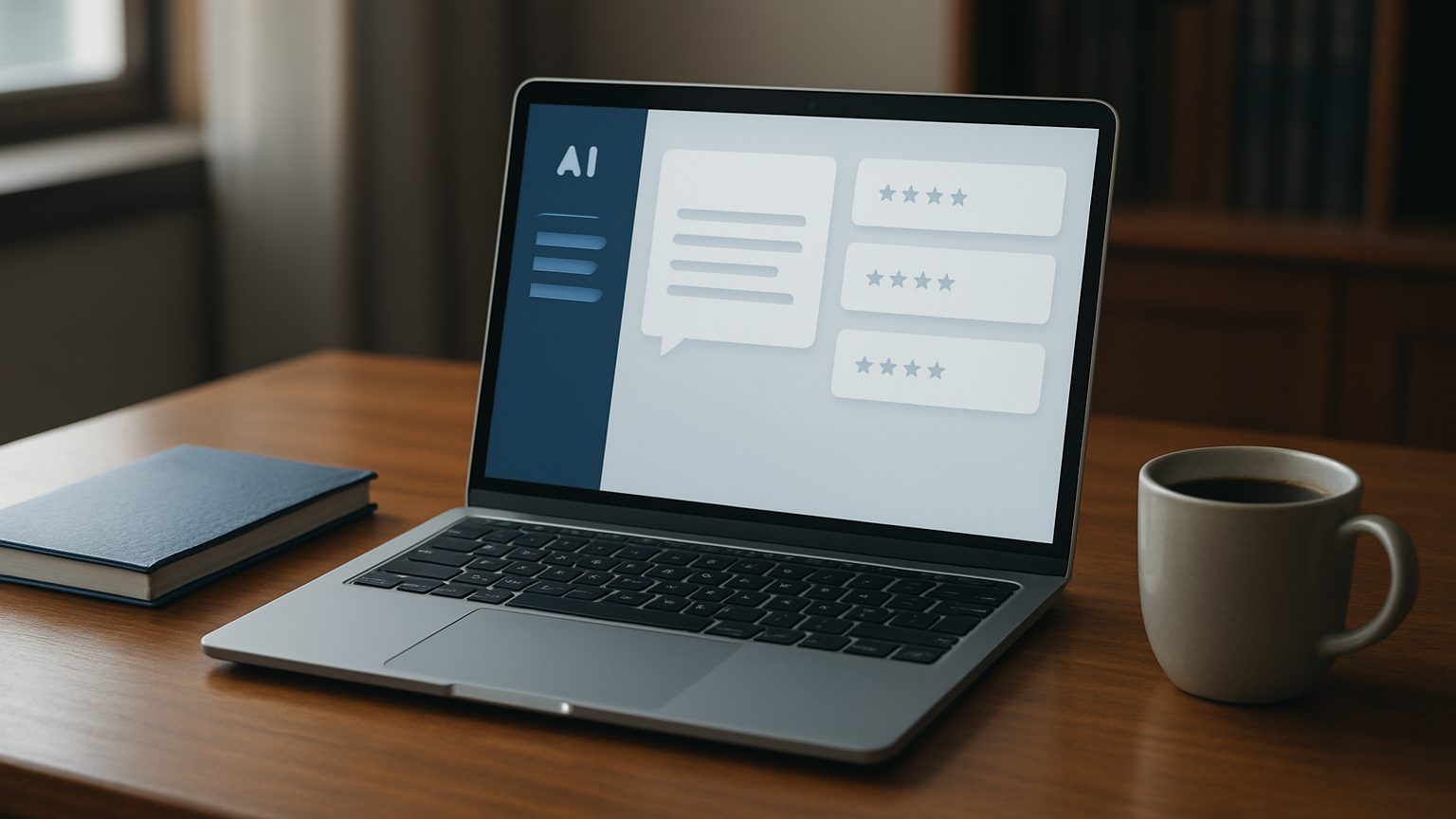 Laptop on a law office desk showing an AI chat answer beside directory cards with star ratings