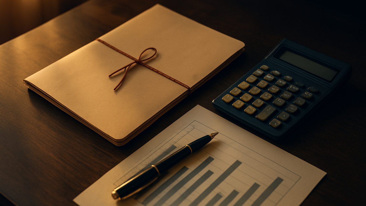 Case file tied with string beside a calculator, pen and bar chart, for working out law firm marketing ROI