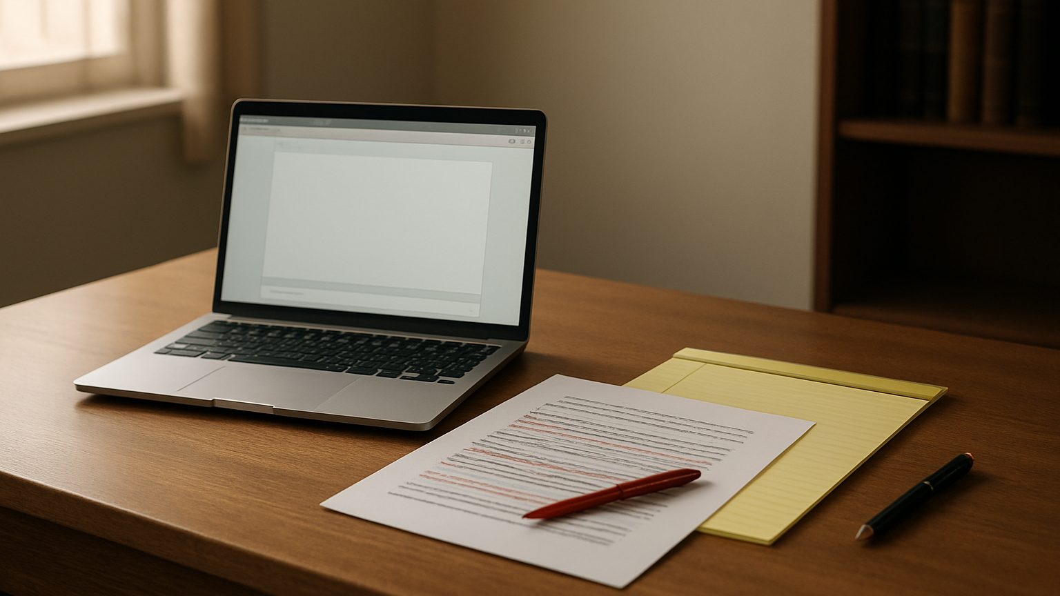 Laptop with a blank screen beside a printed page marked in red pen, a yellow legal pad and pens on a desk