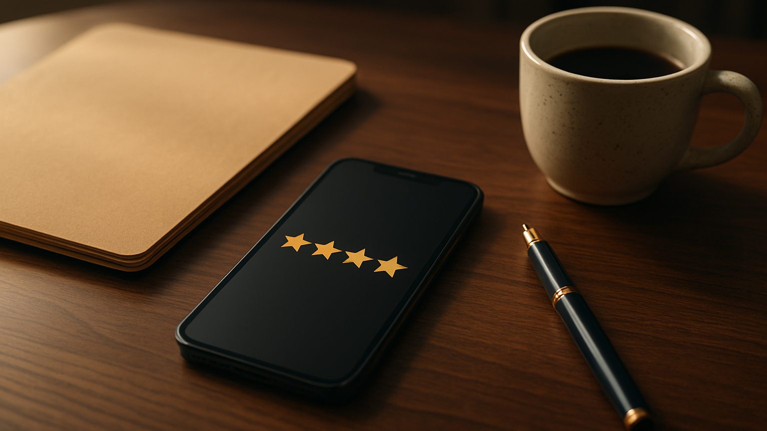 Phone on a wooden desk showing four gold stars, beside a folder, a pen and a cup of coffee