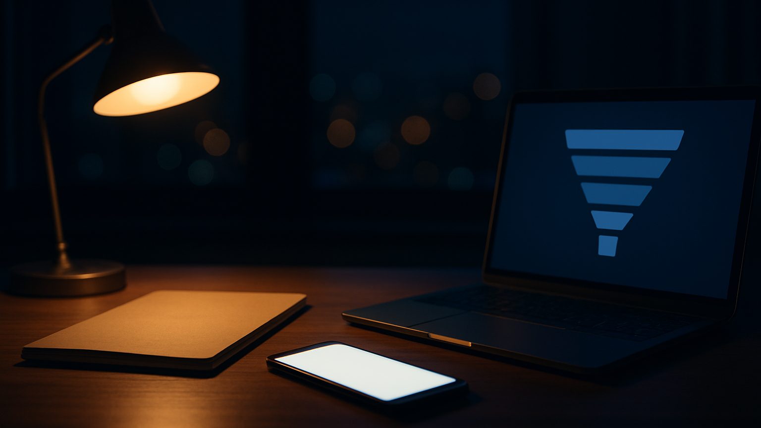 Desk at night with a lamp, a glowing phone, a closed folder and a laptop showing a funnel graphic