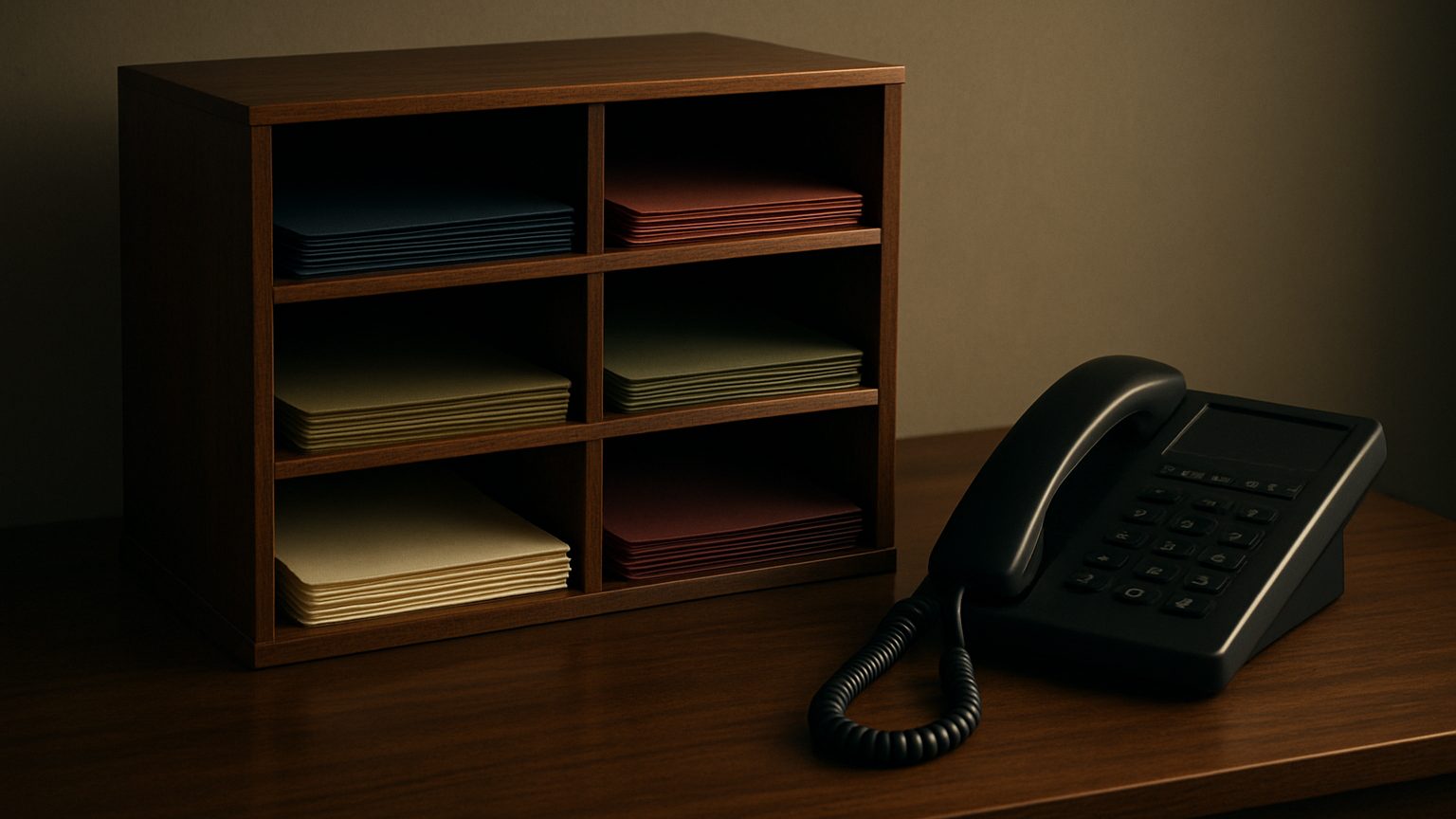 Black desk phone beside a wooden sorter of color-coded folder stacks, like ad groups split by charge