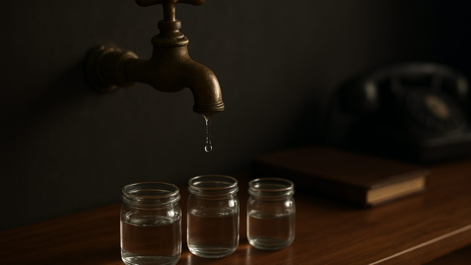 Brass faucet dripping above three glass jars on a dark wood desk, like ad spend leaking out of a campaign