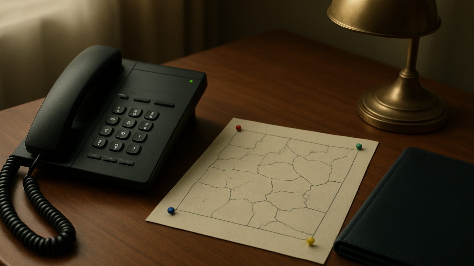 Office desk phone with a green line light beside a pinned paper map, like an LSA service area