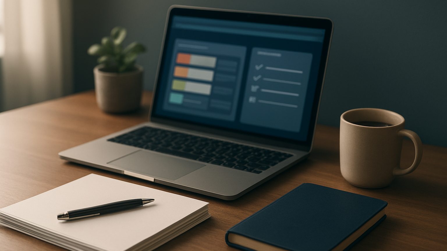 Laptop with a case-tracking dashboard next to blank paper forms, a pen and a notebook on an office desk