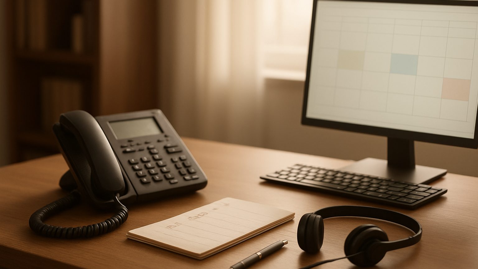 Desk with a desk phone, a headset, a notepad and a monitor showing a calendar
