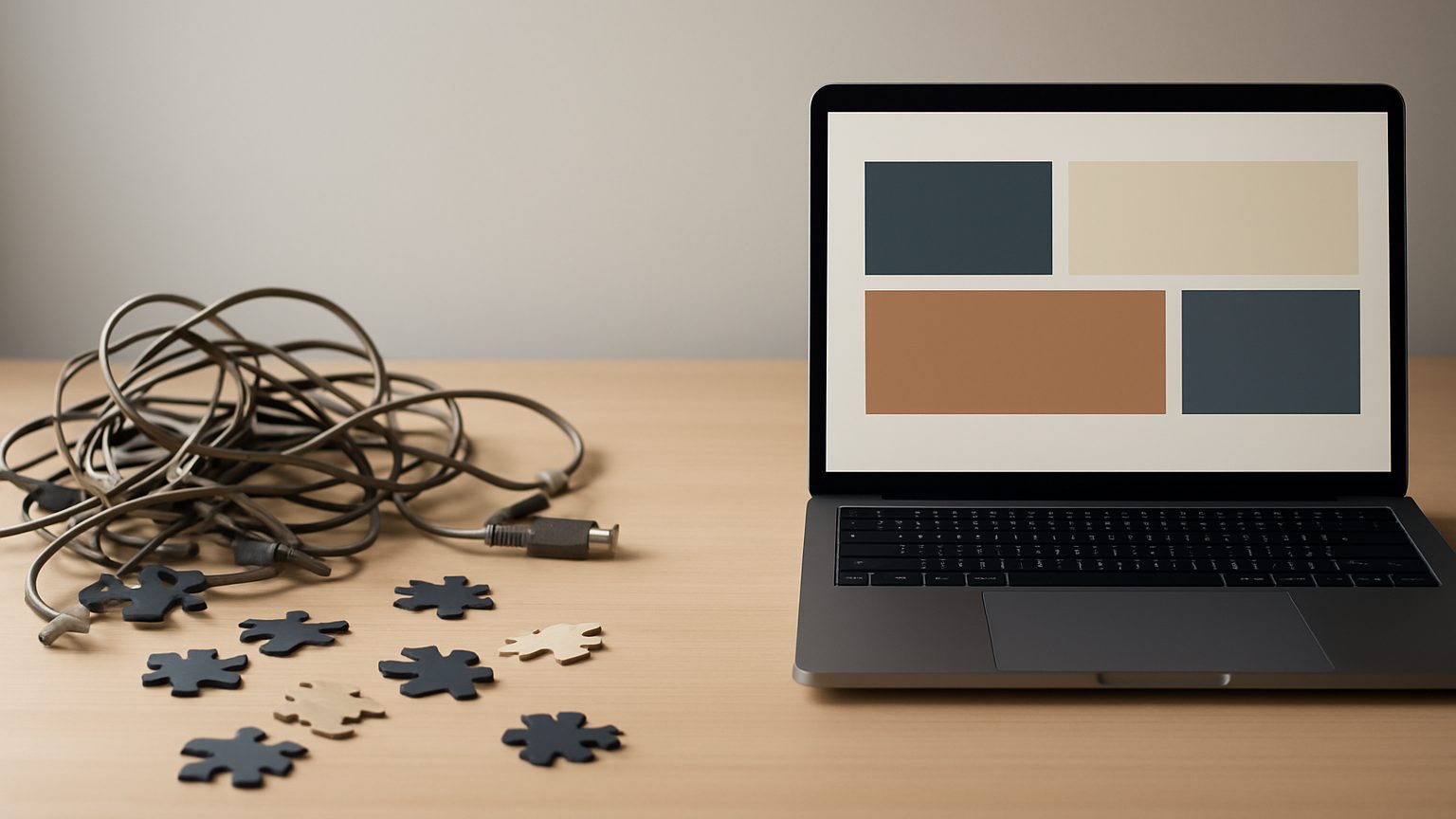 Tangled cables and puzzle pieces beside a laptop showing a clean page layout, like a plugin-heavy site next to a simple one