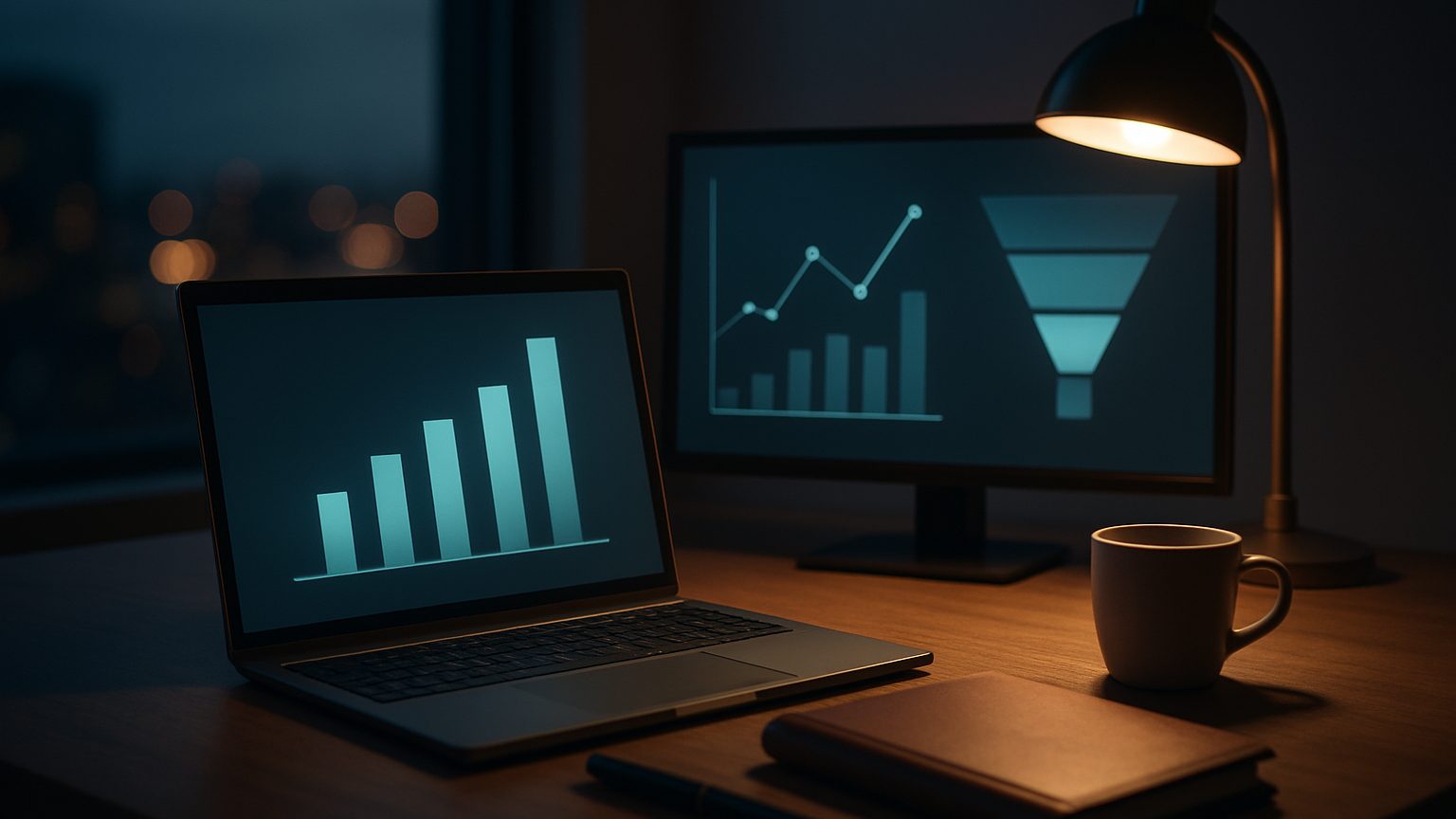 Laptop and monitor on a desk at dusk showing bar charts and a lead funnel for a law firm dashboard