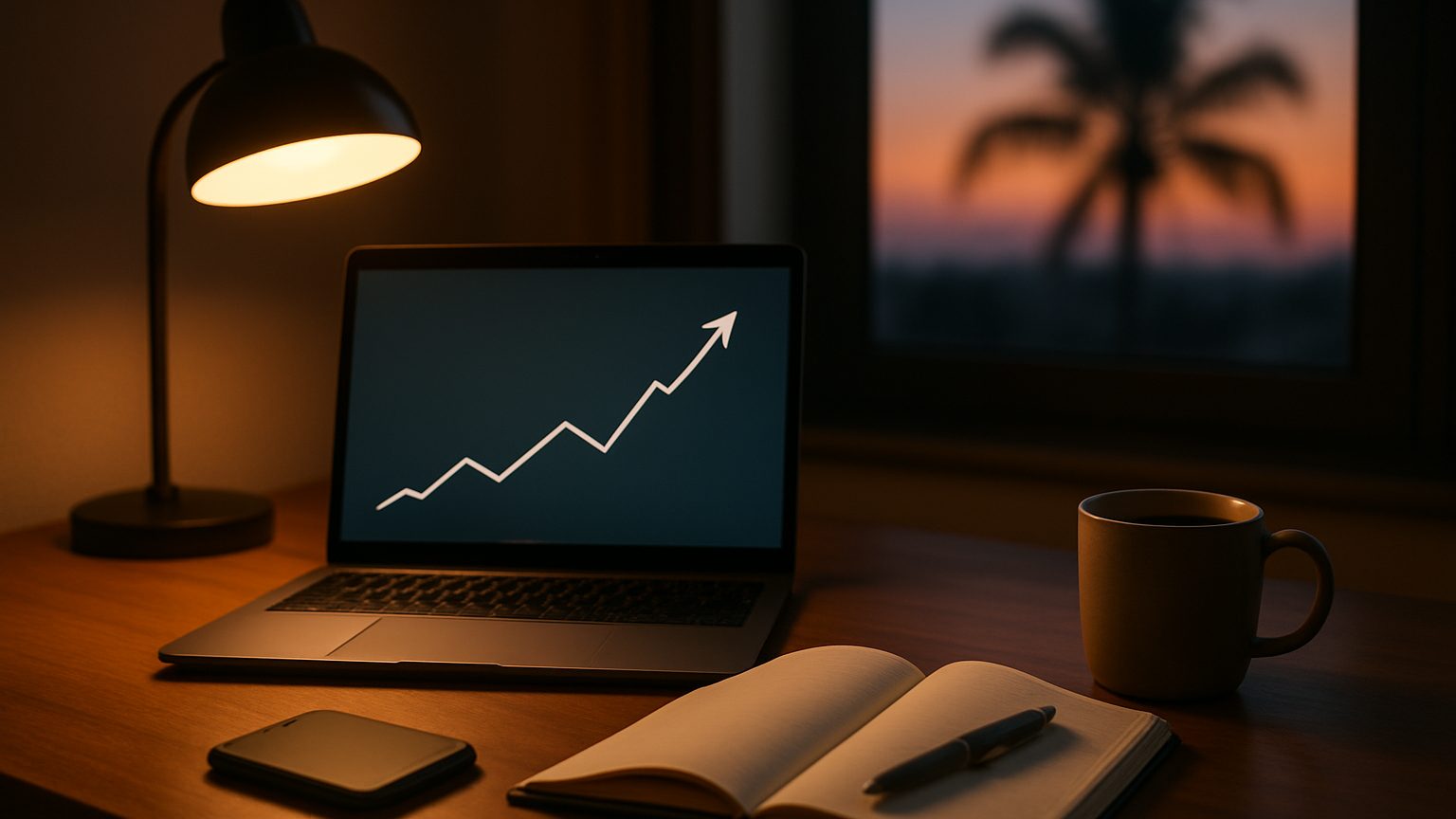 Desk at dusk with a lamp, a laptop showing a rising line chart, a phone, an open notebook and coffee