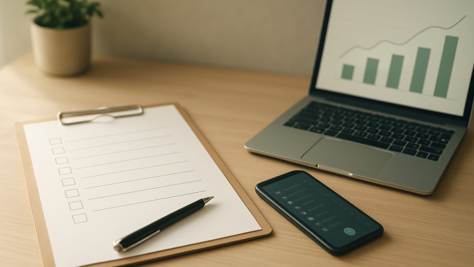 Desk with a blank checklist on a clipboard, a smartphone and a laptop showing a bar chart for a marketing audit