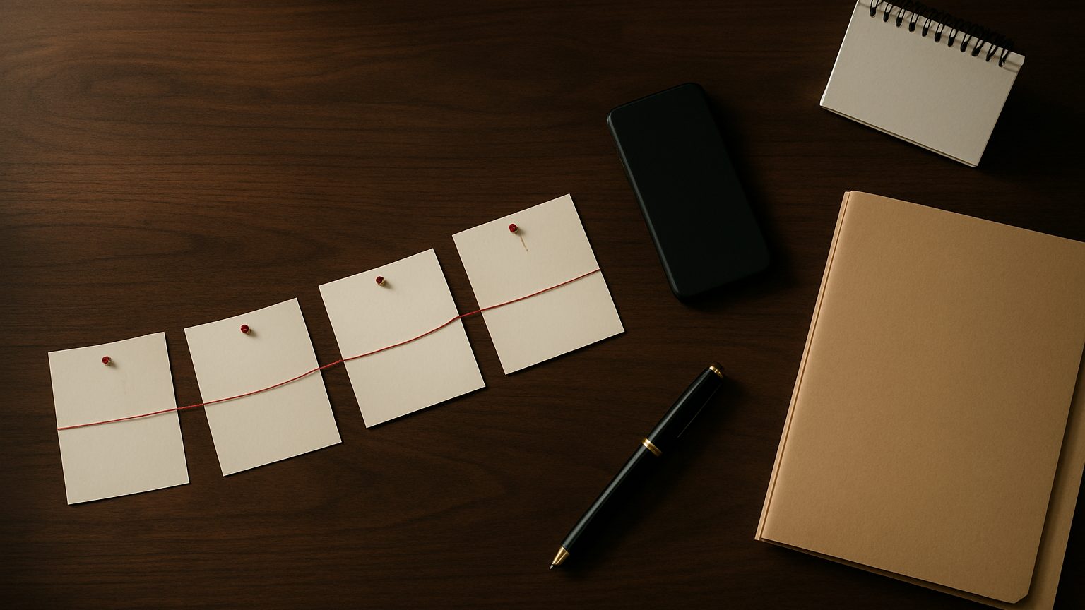 Four blank index cards joined by a red thread on a dark desk beside a phone, a pen and a case folder