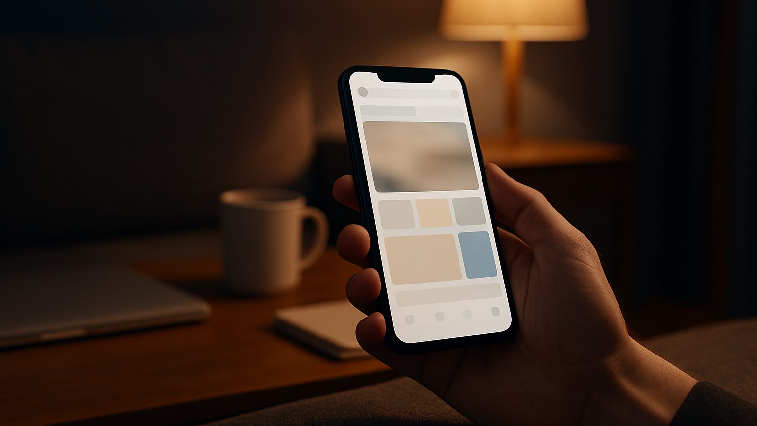 Hand holding a phone showing an abstract social media feed in a lamp-lit room