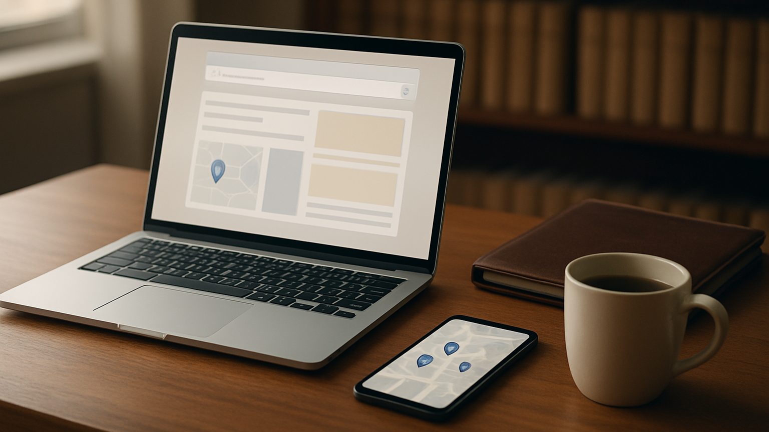Laptop showing a search results page with a map, a phone with map pins and coffee on a law office desk