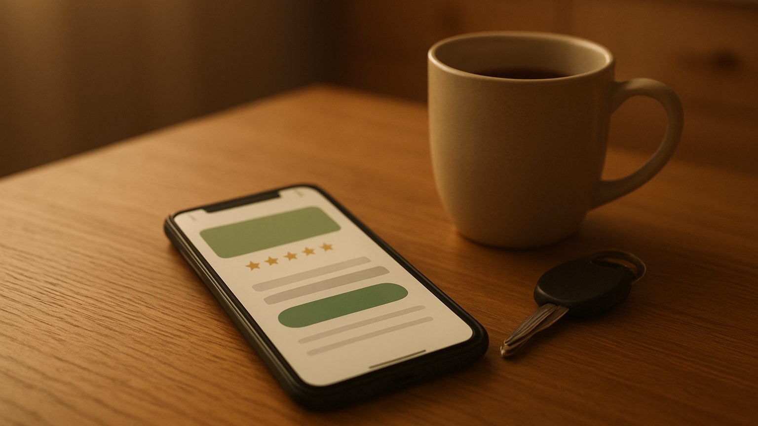 Smartphone on a wooden table beside a coffee mug and car key, showing a simple web page with five stars and green buttons