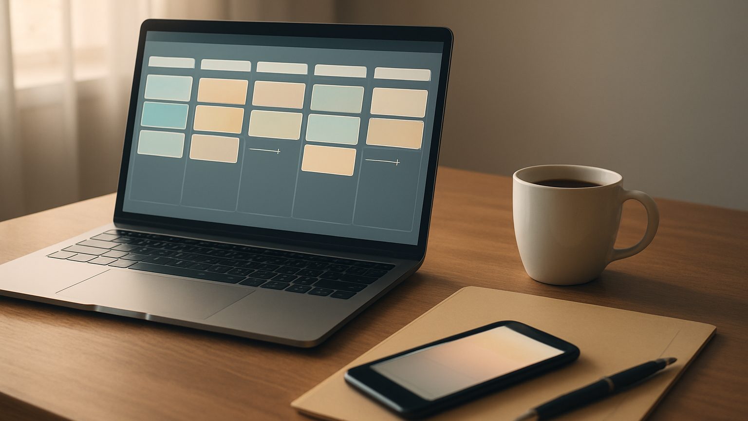 Laptop on a desk showing a pipeline board of colored cards, beside a phone, folder, pen and coffee