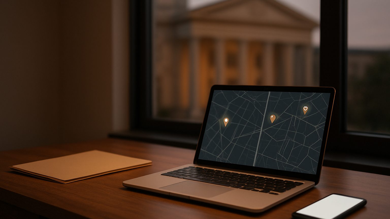 Laptop showing a map with location pins on a desk at dusk, a case file beside it and a courthouse outside