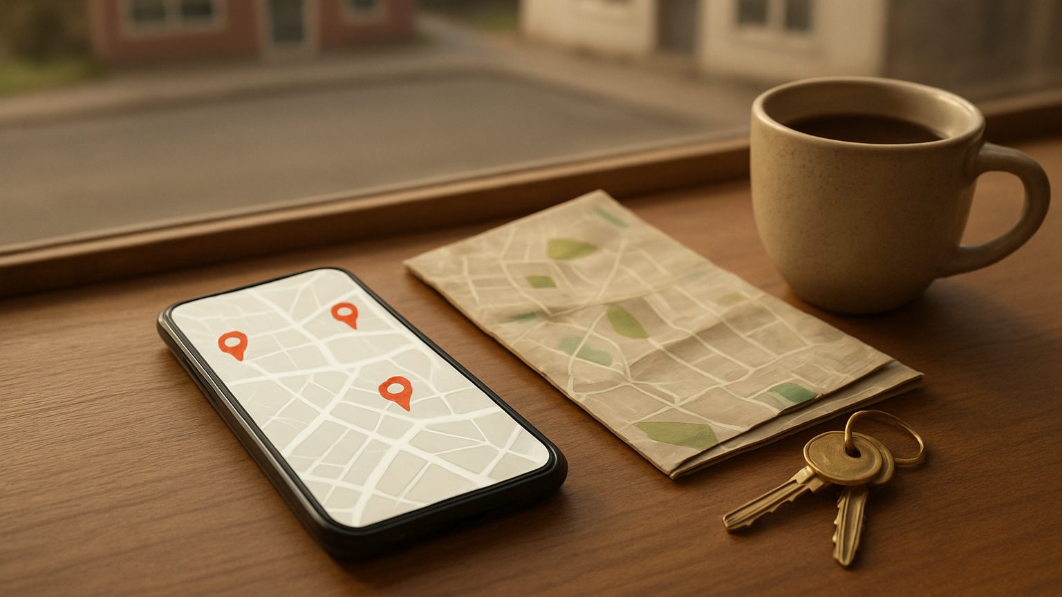 Phone showing a map with three location pins on a desk by a window, beside a folded street map, keys and coffee