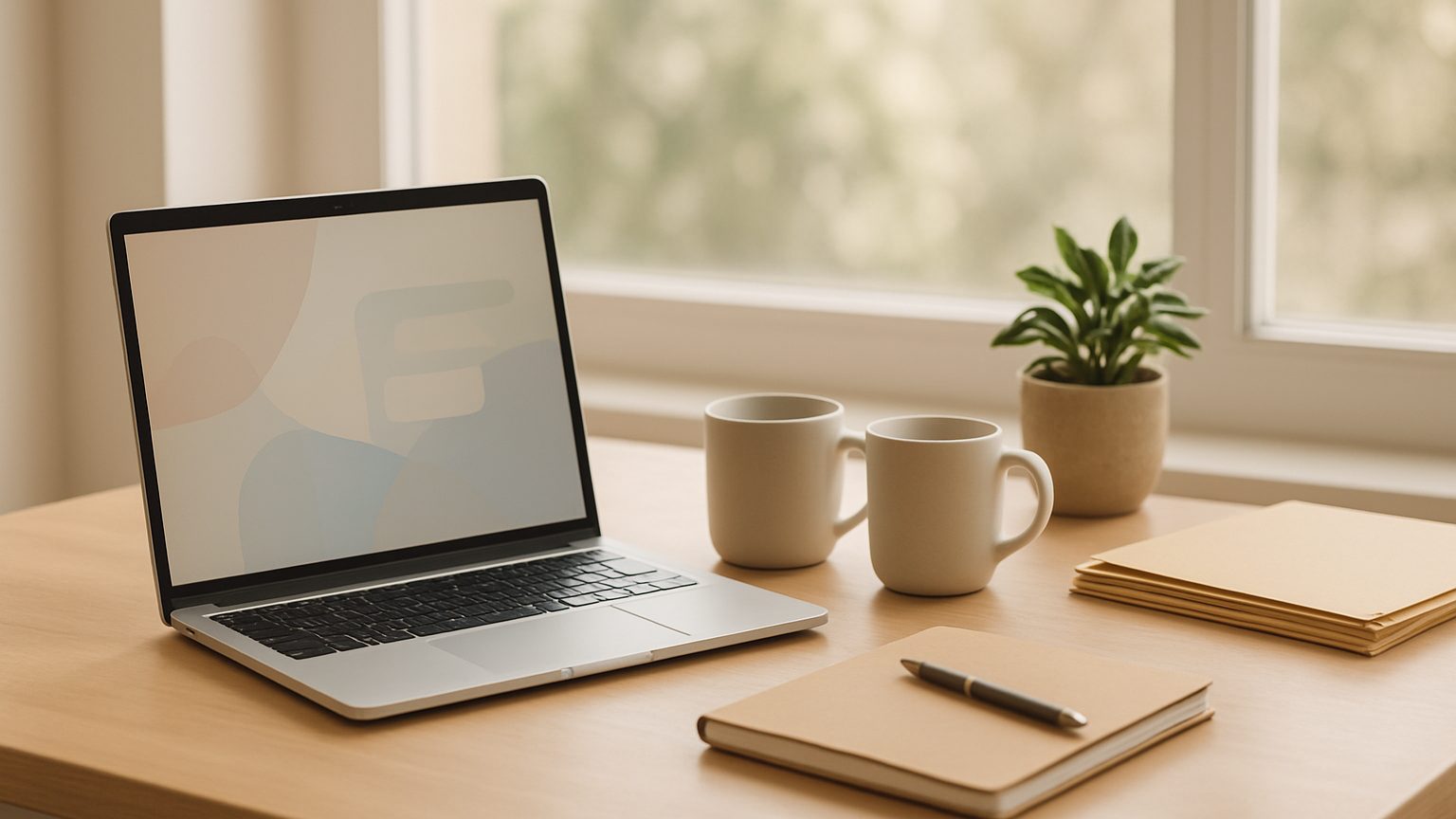 A desk with an open laptop, two coffee mugs, a notebook and folders, ready for a new law firm launch