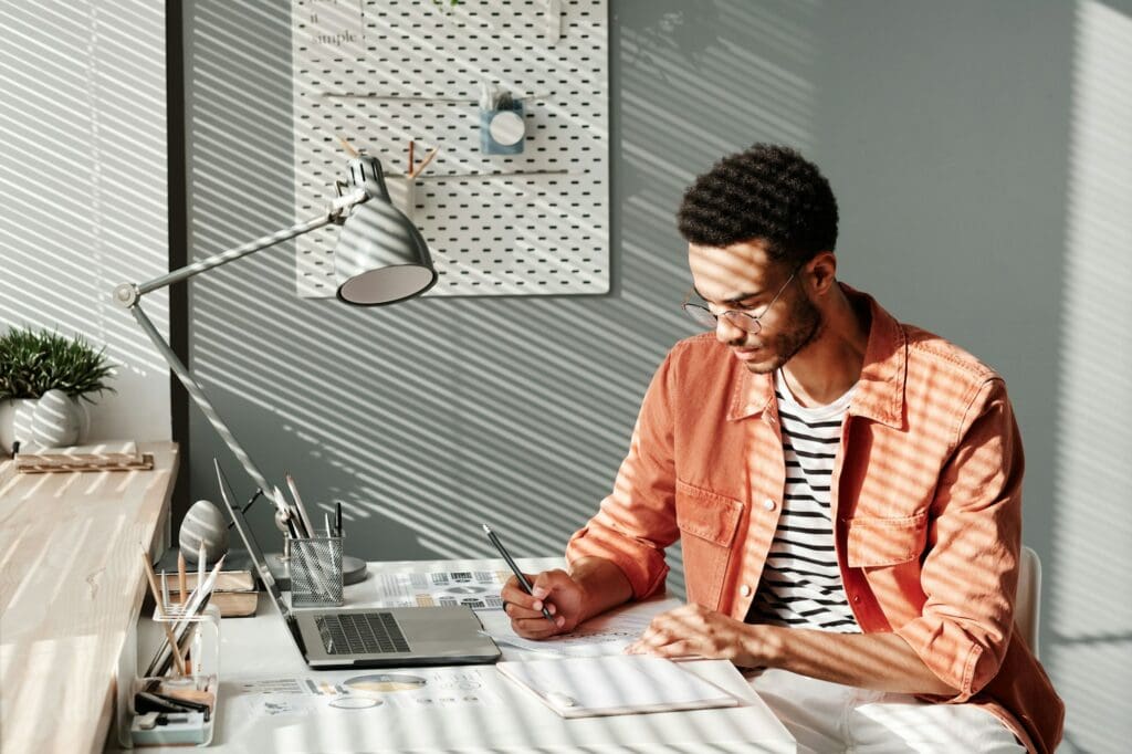 Analyzing business papers in office