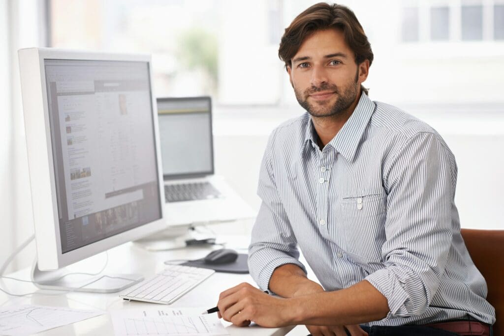 Ive built a niche here. A handsome young man at his desk in an office.