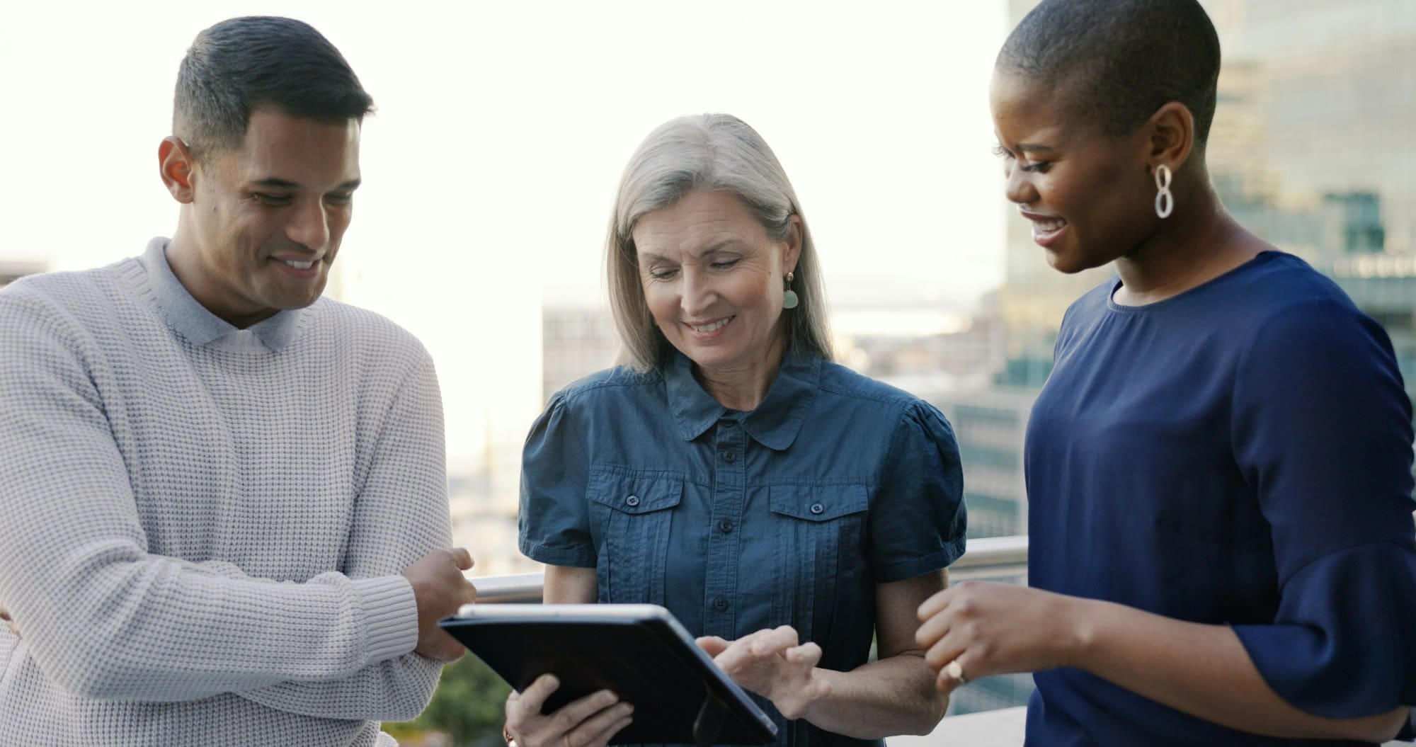 Business people diversity, tablet or office balcony in digital marketing research, strategy plannin