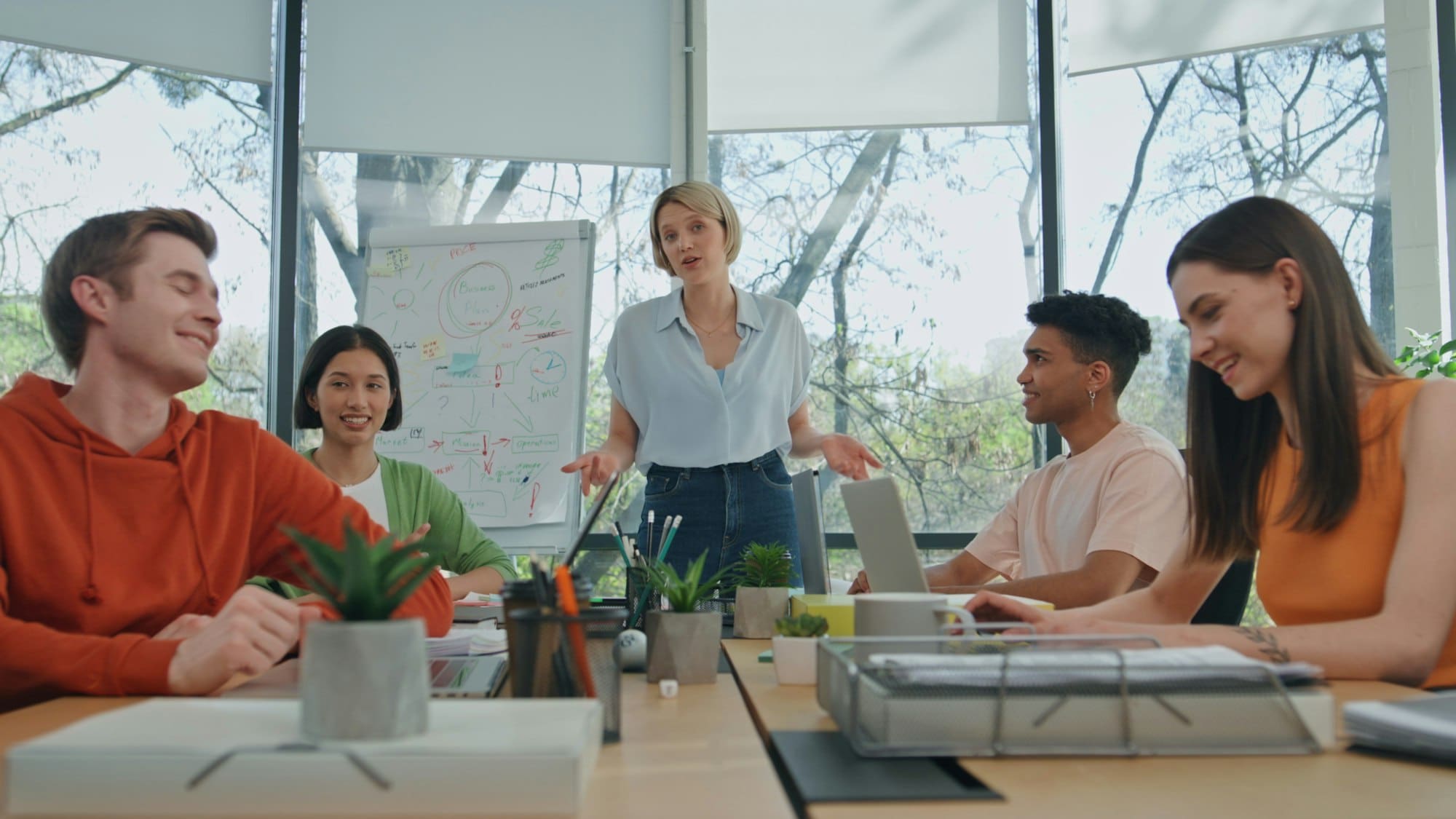 Remote team working office pov view. Global virtual group looking web camera