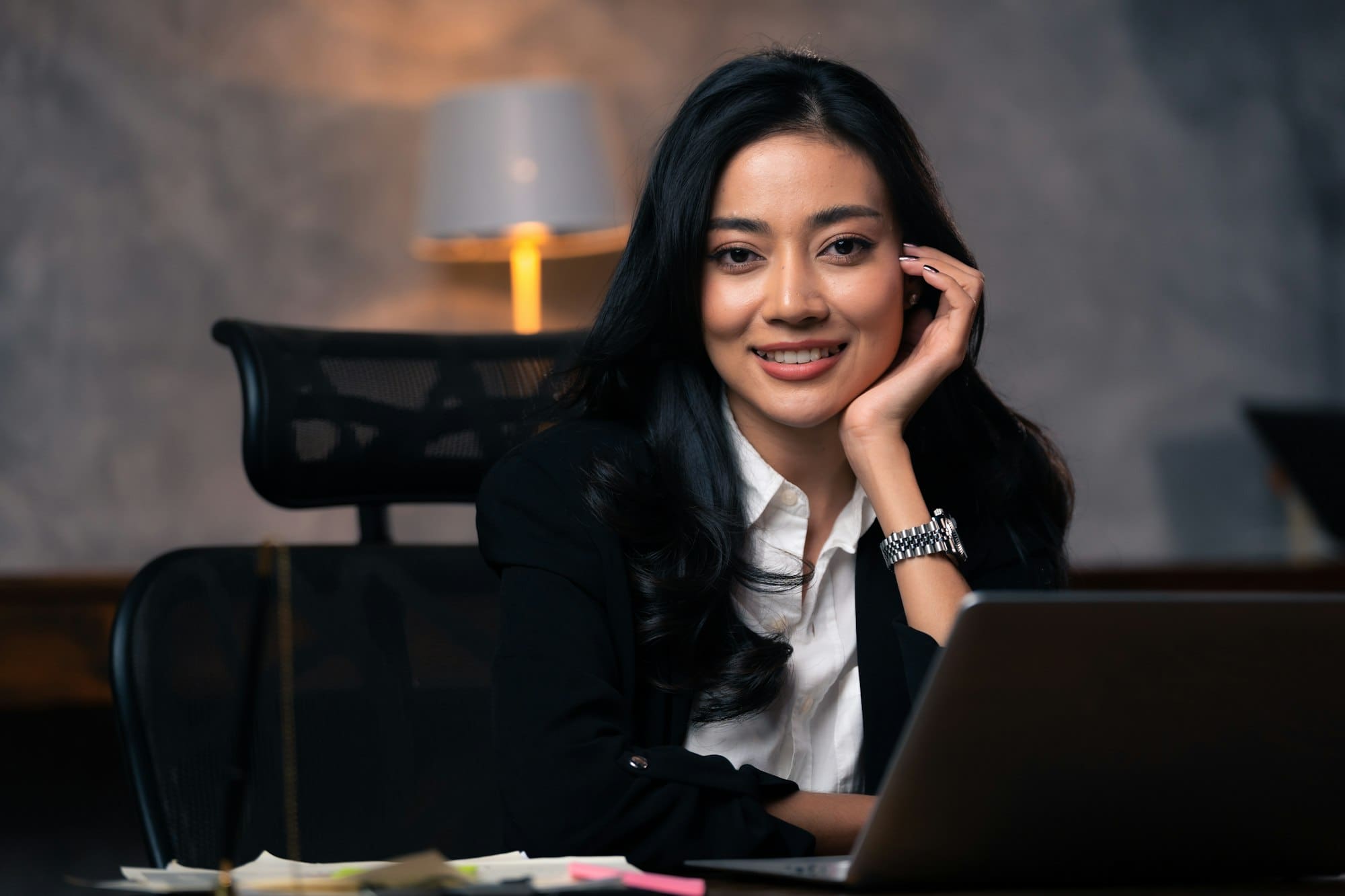 Smile beautiful Asian business woman in suit working in modern office, Small SME marketing owner