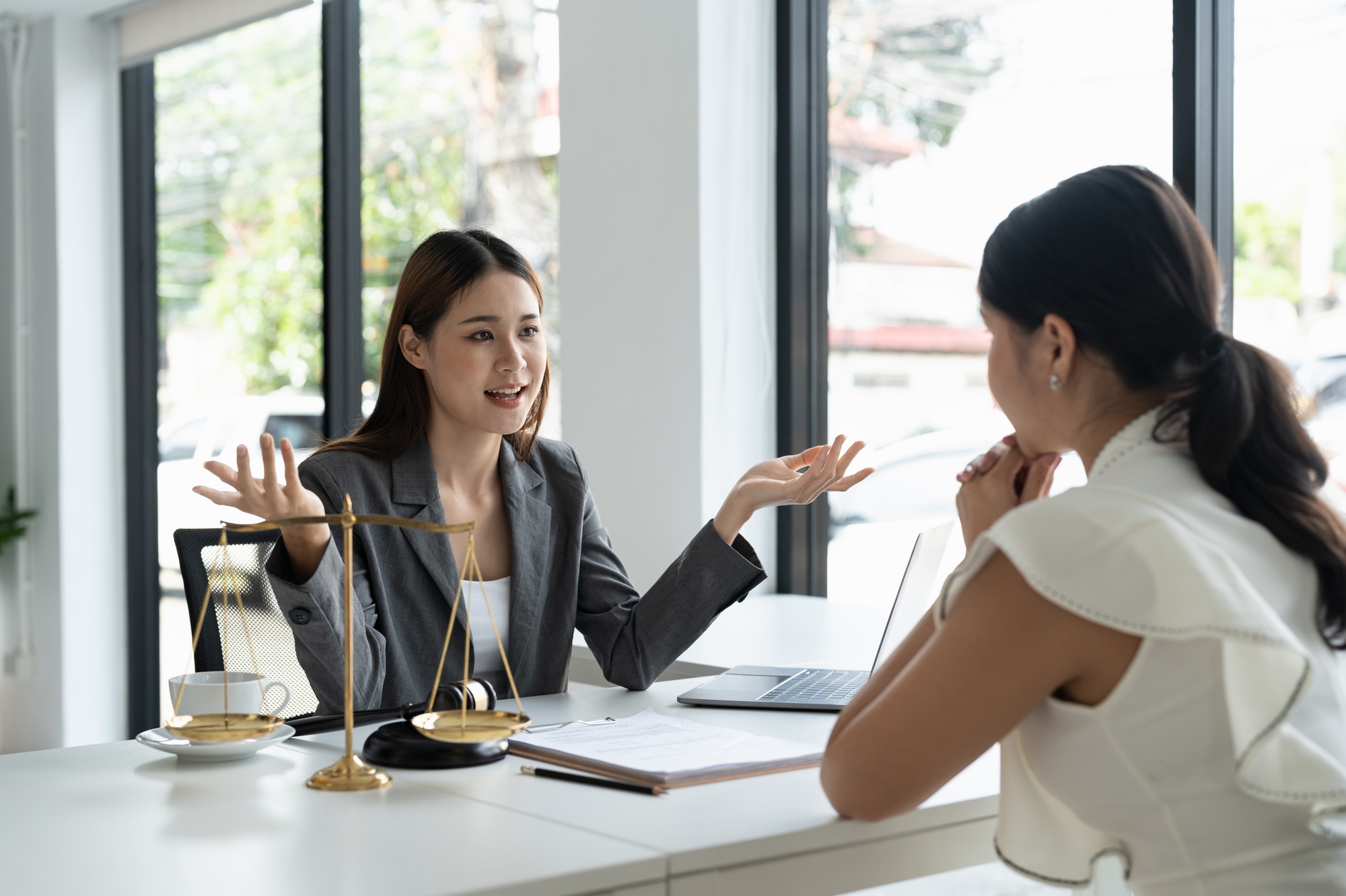 The young lawyer talks to negotiate with the male client to consult the law at the law firm office.